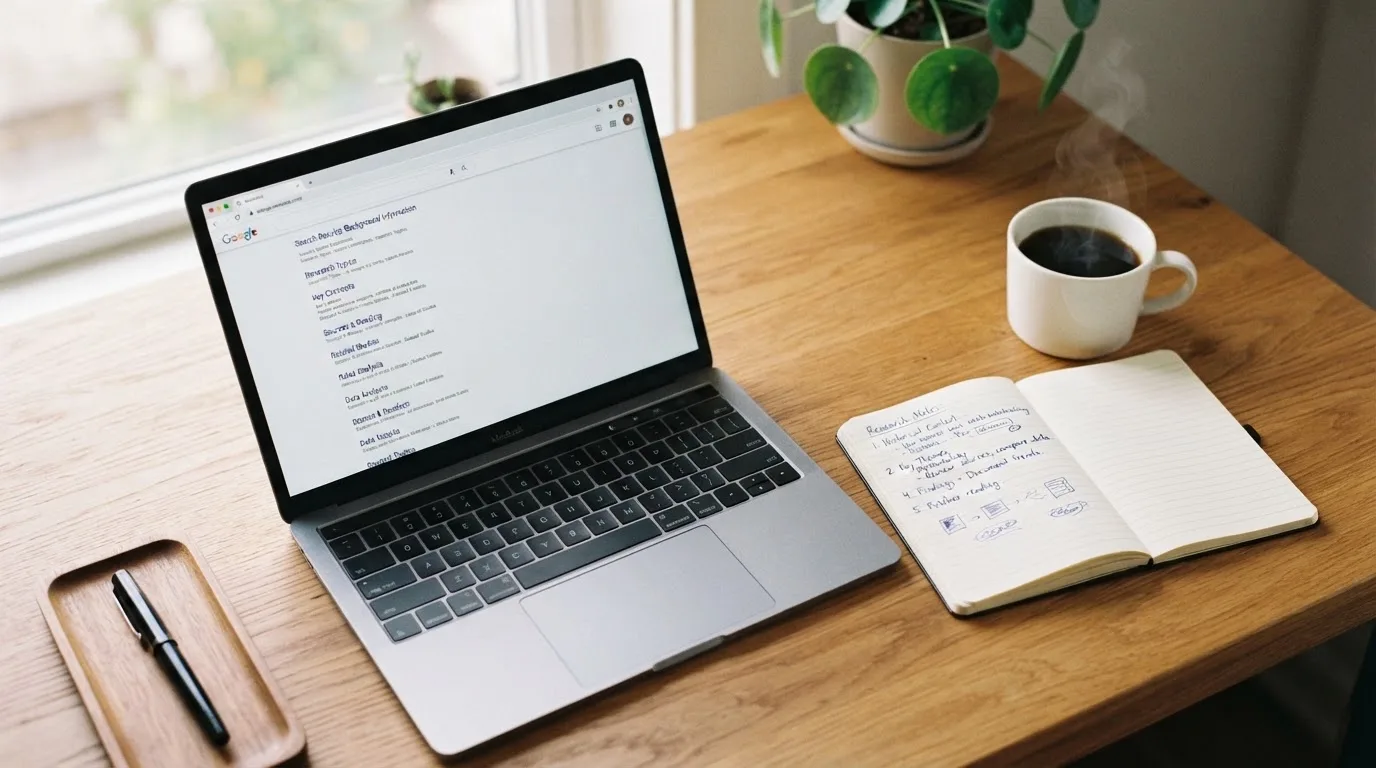 A tidy desk with a laptop open on a plain search-results page, a notebook and a coffee cup beside it, no screens showing any casino branding.