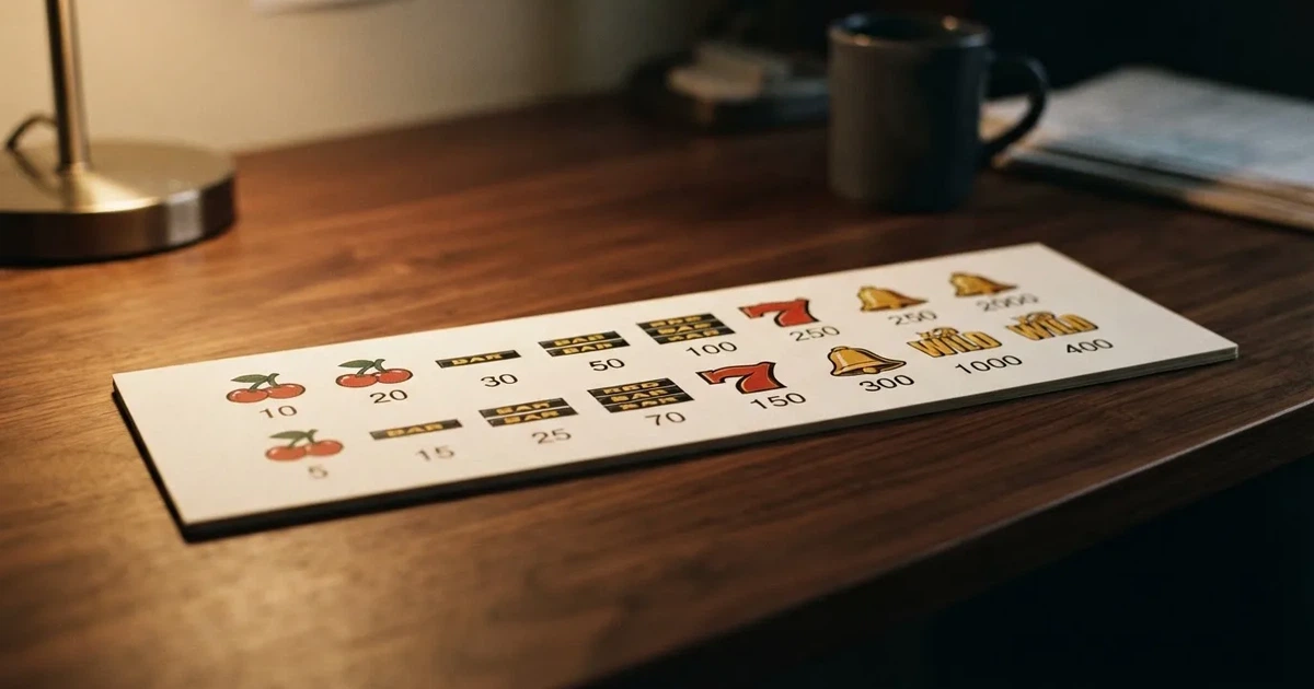 A printed strip of generic slot symbols and payout numbers laid on a desk, like a reference chart rather than a live game.