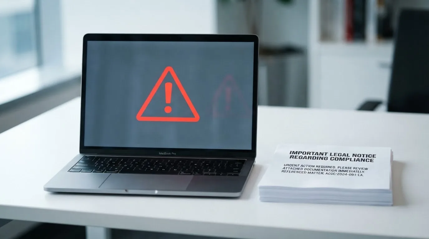 A red triangular warning sign icon on a laptop screen next to a stack of legal papers, symbolising an official caution rather than any specific website.