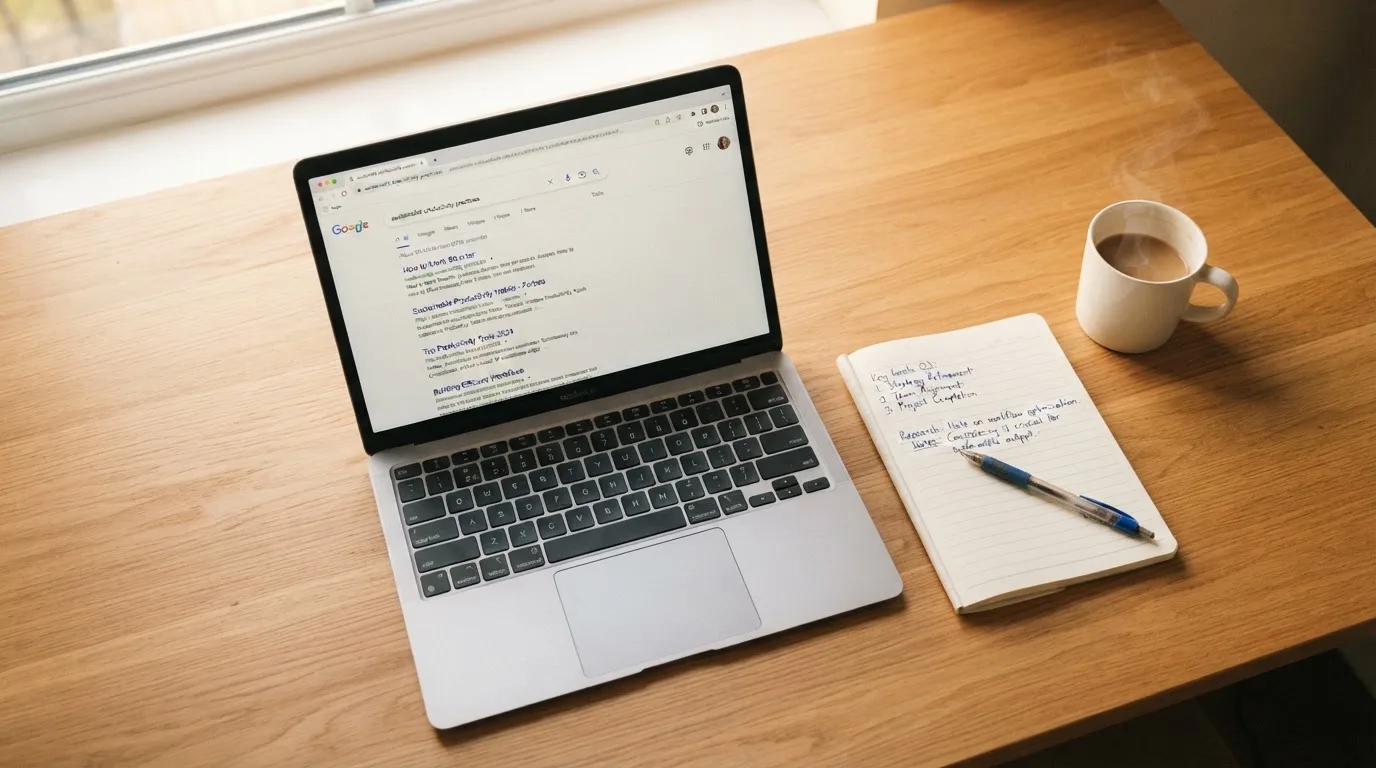 A tidy desk with a laptop open on a plain search-results page, a notebook and a coffee cup beside it, no screens showing any casino branding.