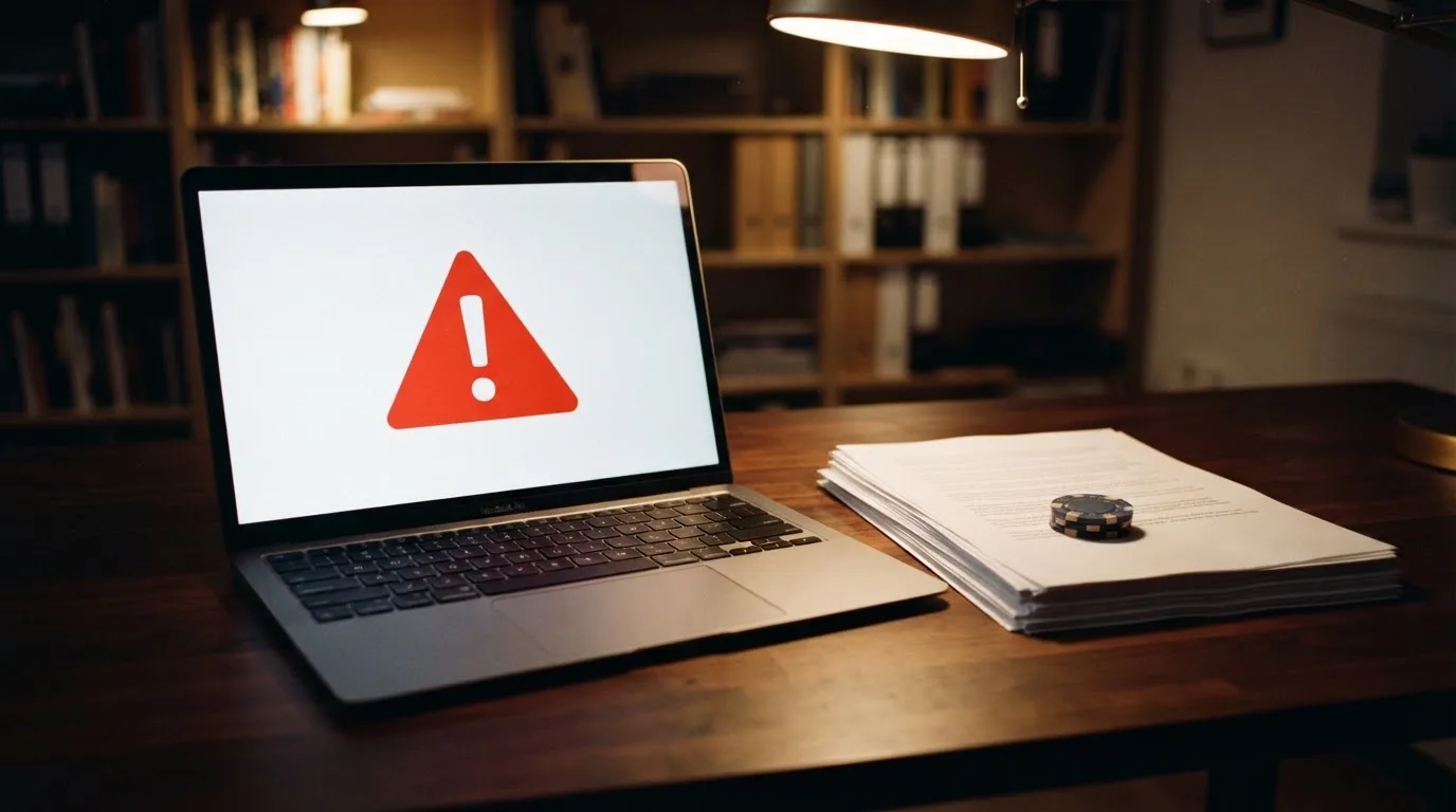 A red triangular warning sign icon on a laptop screen next to a stack of legal papers, symbolising an official caution rather than any specific website.