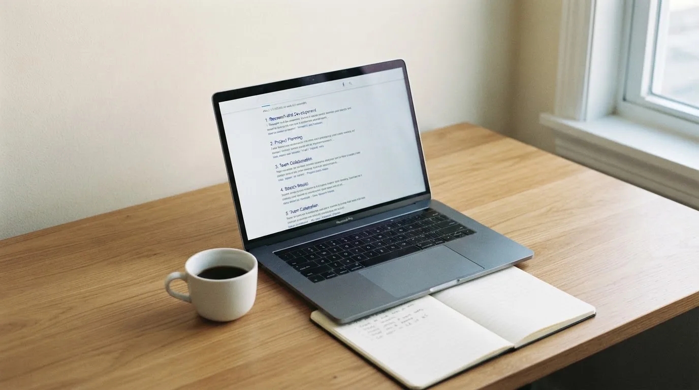 A tidy desk with a laptop open on a plain search-results page, a notebook and a coffee cup beside it, no screens showing any casino branding.