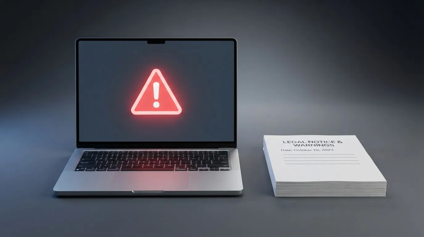 A red triangular warning sign icon on a laptop screen next to a stack of legal papers, symbolising an official caution rather than any specific website.