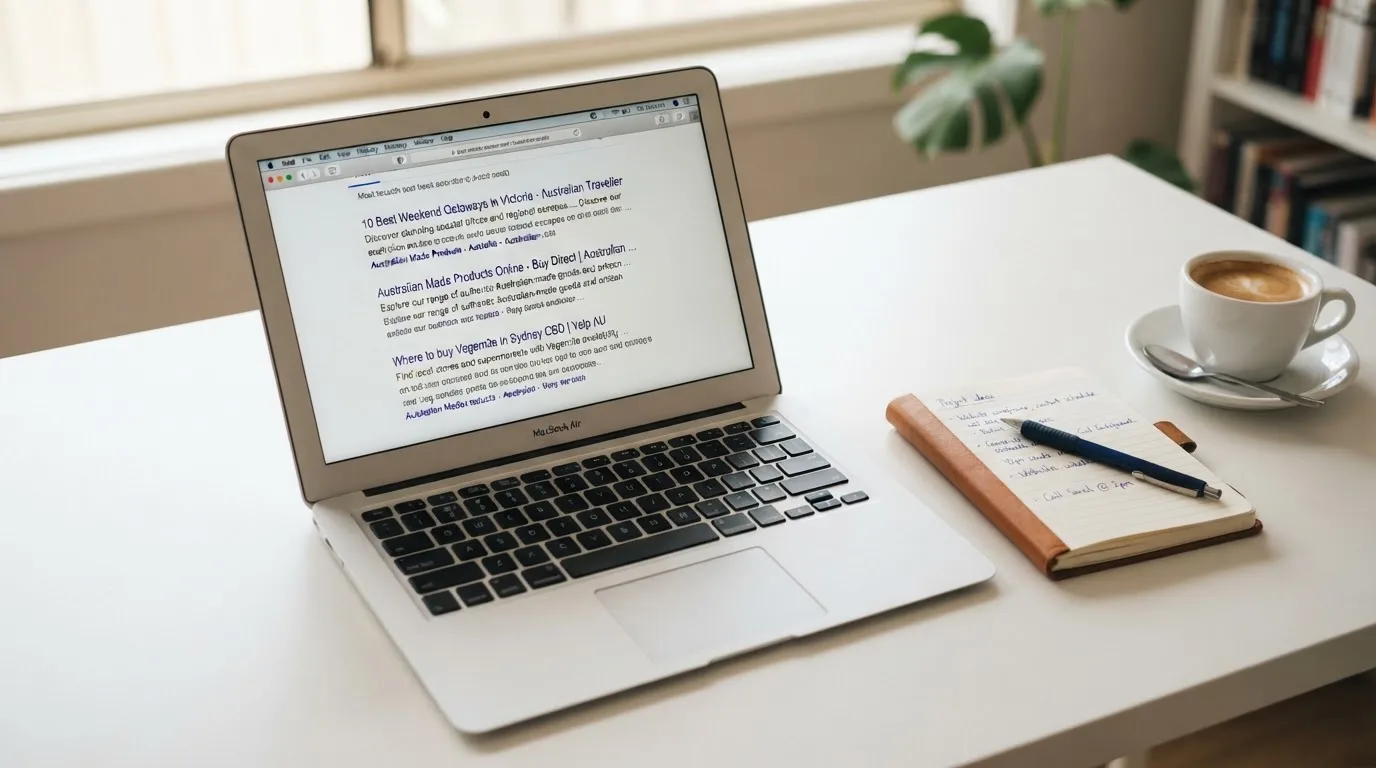 A tidy desk with a laptop open on a plain search-results page, a notebook and a coffee cup beside it, no screens showing any casino branding.