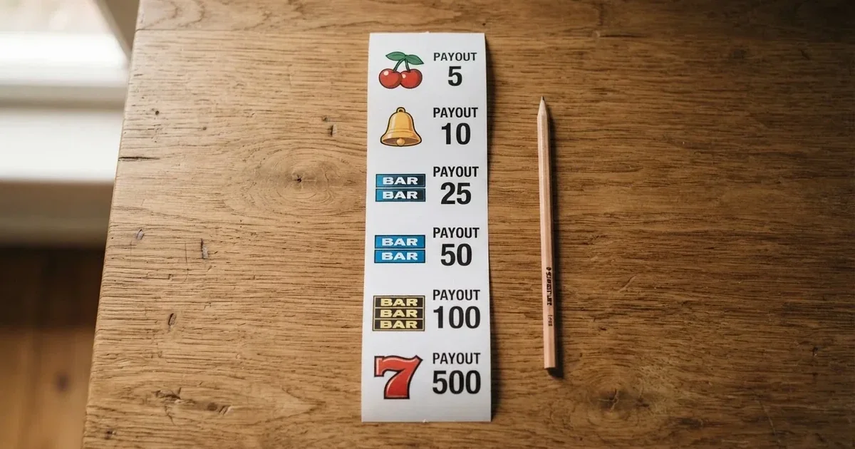 A printed strip of generic slot symbols and payout numbers laid on a desk, like a reference chart rather than a live game.