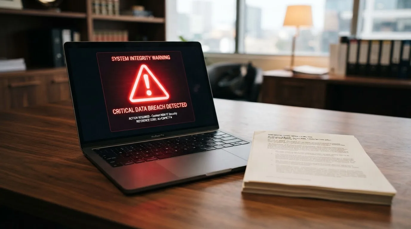 A red triangular warning sign icon on a laptop screen next to a stack of legal papers, symbolising an official caution rather than any specific website.