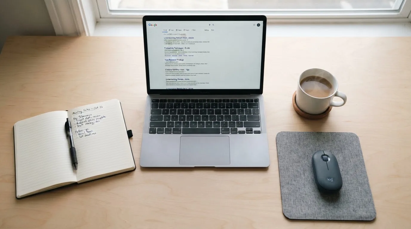 A tidy desk with a laptop open on a plain search-results page, a notebook and a coffee cup beside it, no screens showing any casino branding.