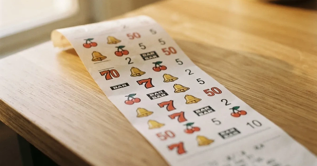 A printed strip of generic slot symbols and payout numbers laid on a desk, like a reference chart rather than a live game.