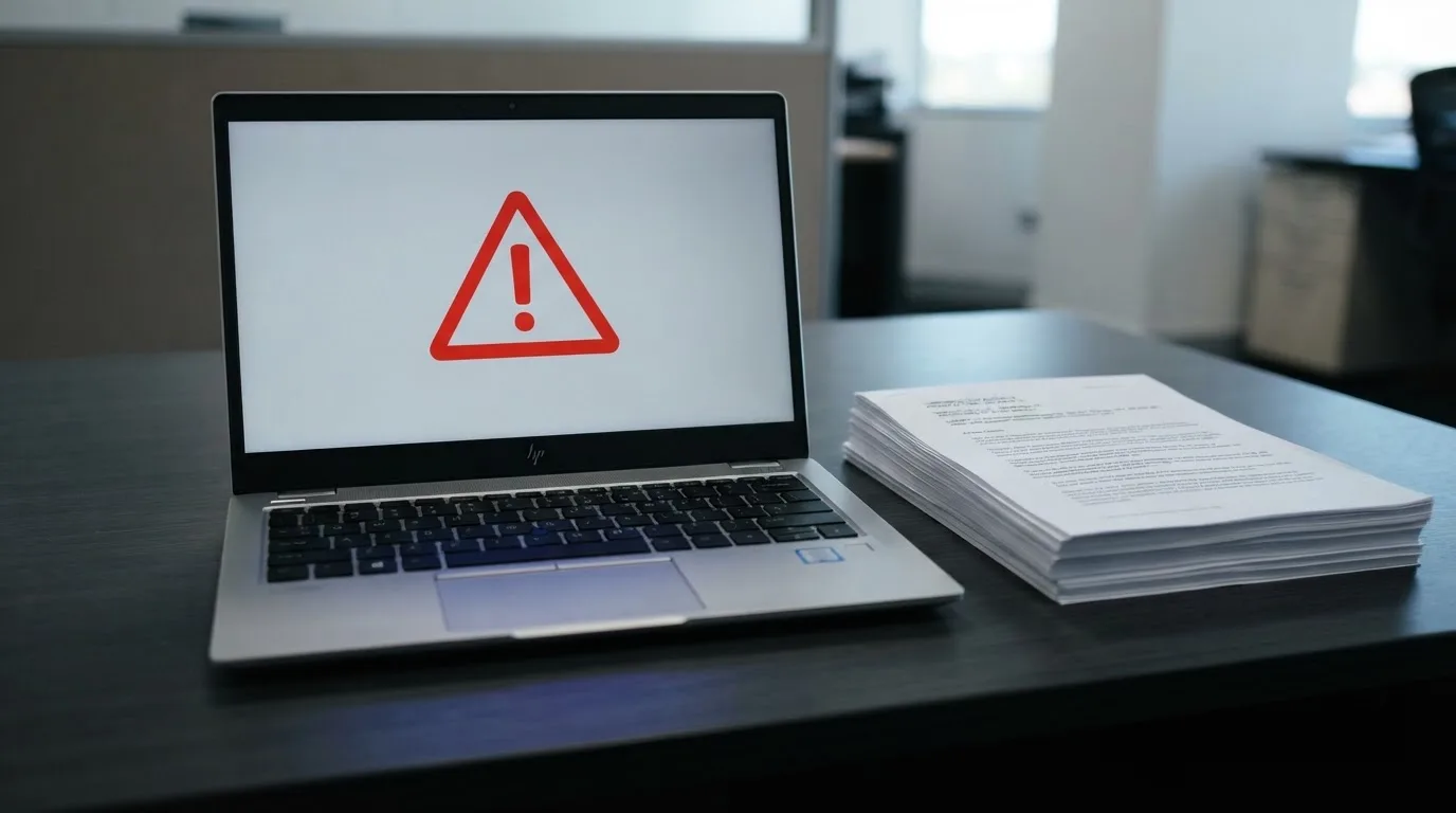 A red triangular warning sign icon on a laptop screen next to a stack of legal papers, symbolising an official caution rather than any specific website.