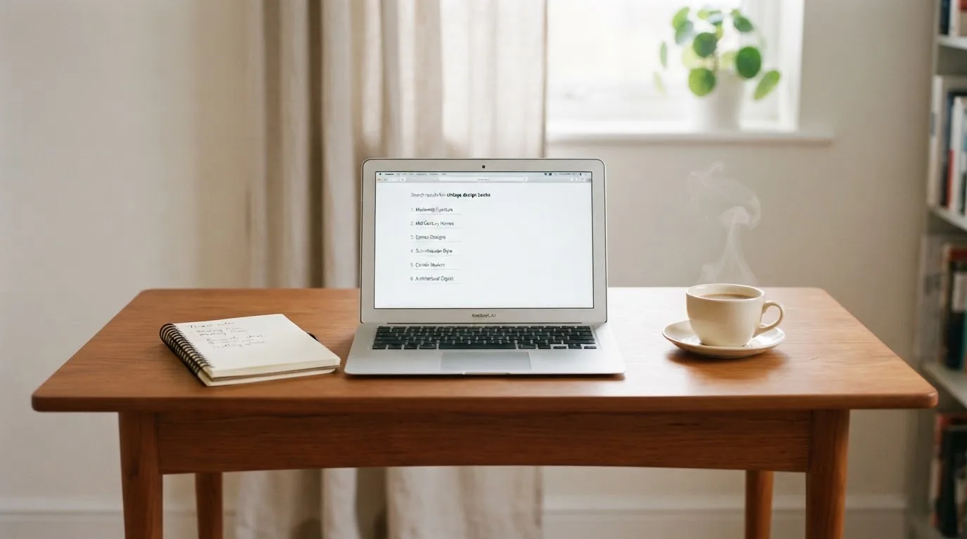 A tidy desk with a laptop open on a plain search-results page, a notebook and a coffee cup beside it, no screens showing any casino branding.