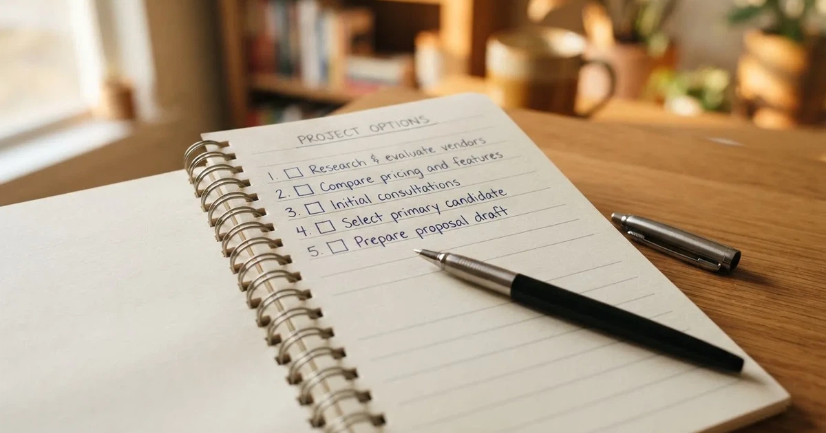 A notepad with a numbered list of blank lines and checkboxes, pen resting on top, suggesting a comparison in progress.