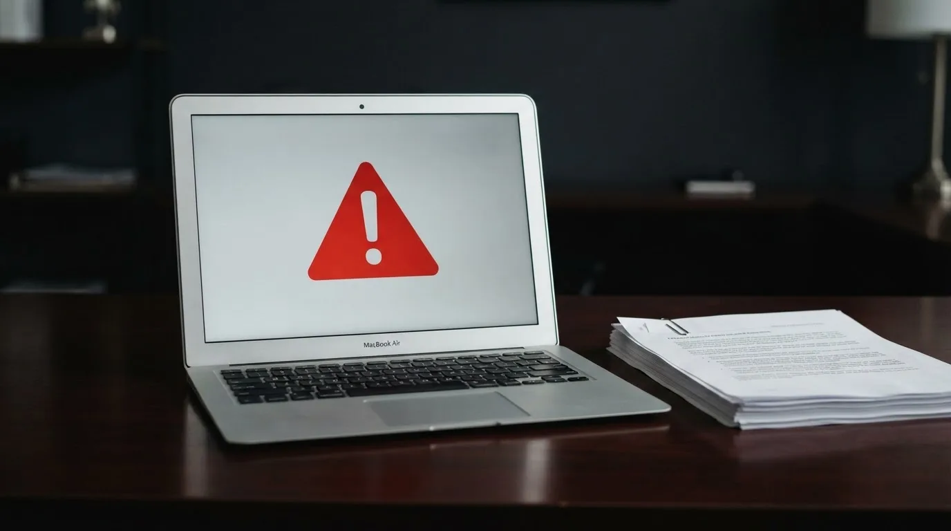 A red triangular warning sign icon on a laptop screen next to a stack of legal papers, symbolising an official caution rather than any specific website.