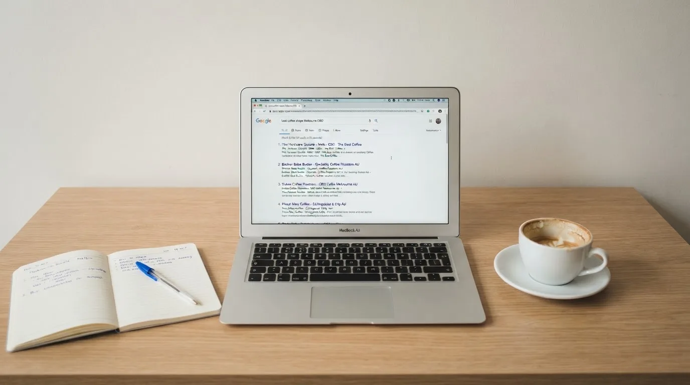 A tidy desk with a laptop open on a plain search-results page, a notebook and a coffee cup beside it, no screens showing any casino branding.