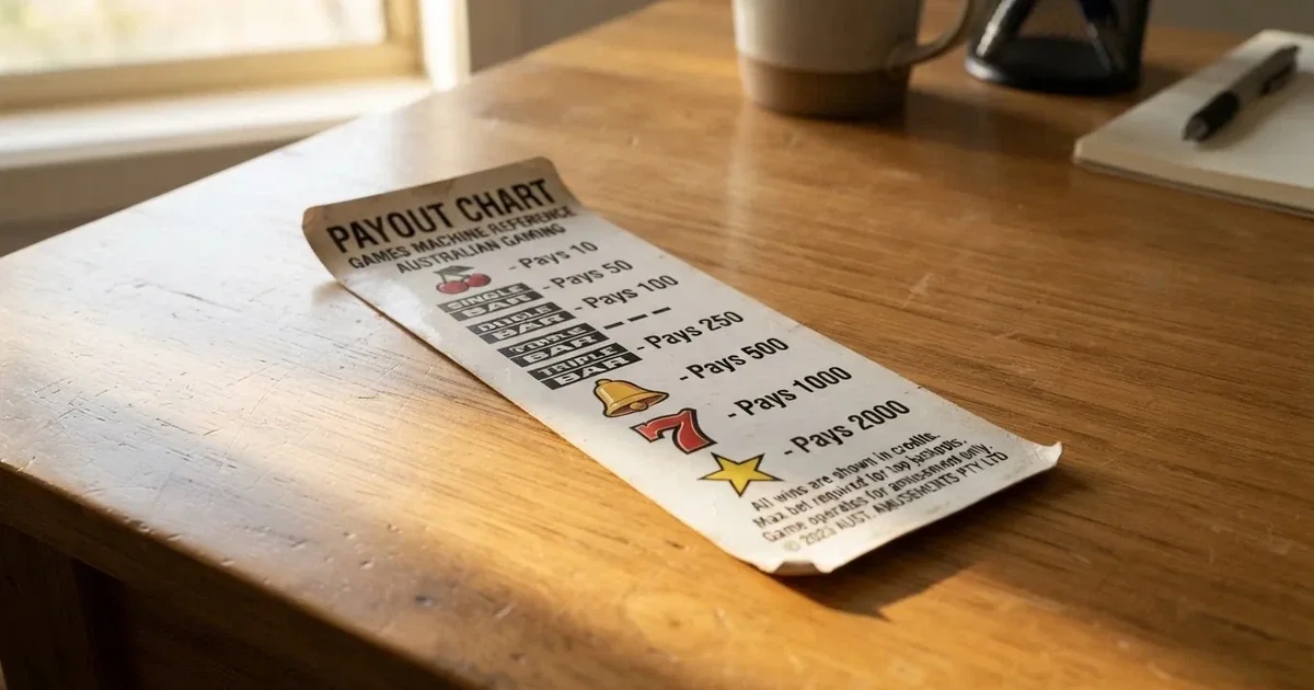 A printed strip of generic slot symbols and payout numbers laid on a desk, like a reference chart rather than a live game.