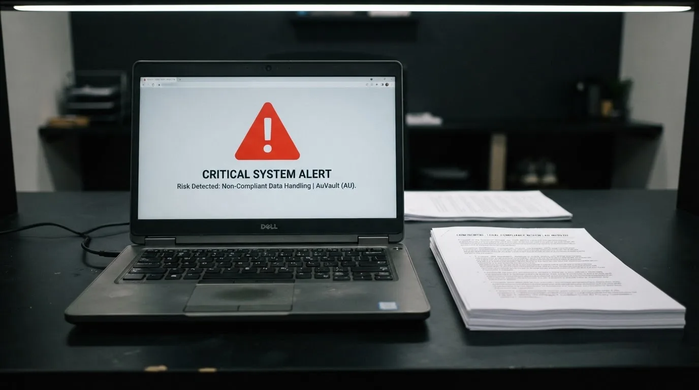 A red triangular warning sign icon on a laptop screen next to a stack of legal papers, symbolising an official caution rather than any specific website.