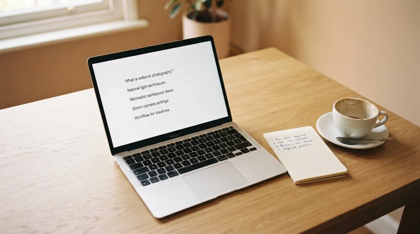 A tidy desk with a laptop open on a plain search-results page, a notebook and a coffee cup beside it, no screens showing any casino branding.