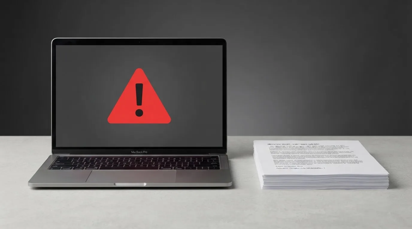 A red triangular warning sign icon on a laptop screen next to a stack of legal papers, symbolising an official caution rather than any specific website.