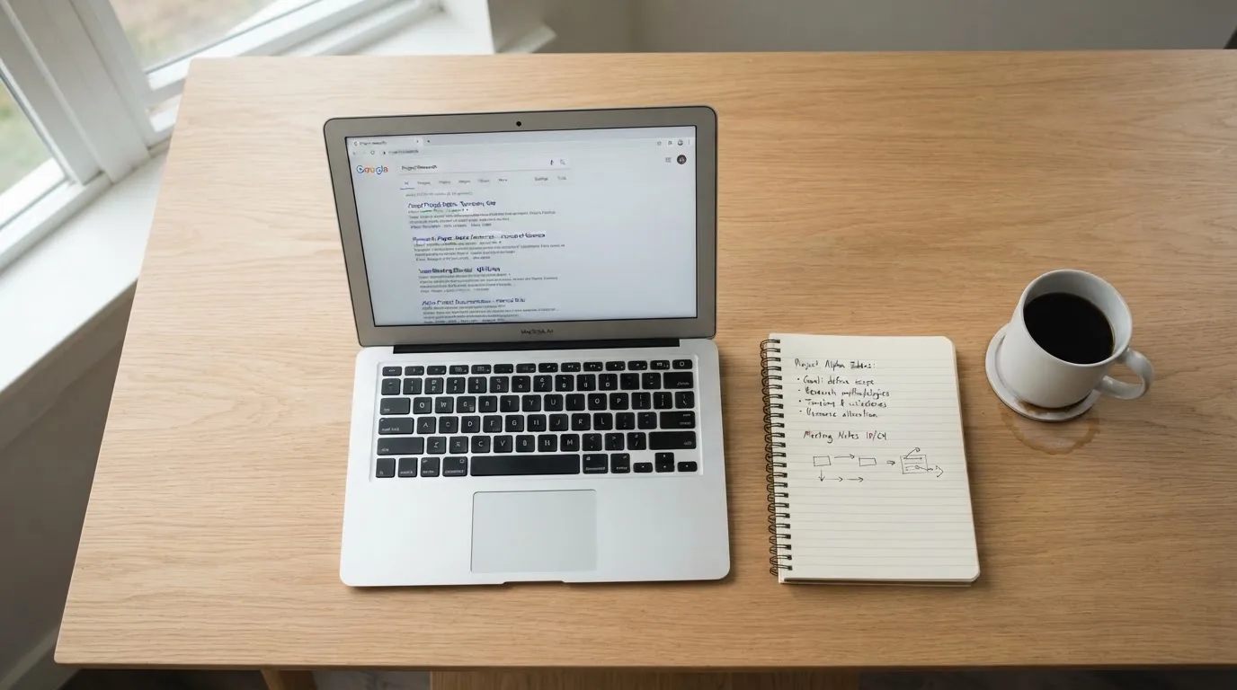 A tidy desk with a laptop open on a plain search-results page, a notebook and a coffee cup beside it, no screens showing any casino branding.