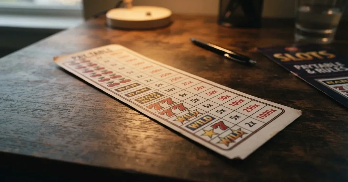 A printed strip of generic slot symbols and payout numbers laid on a desk, like a reference chart rather than a live game.