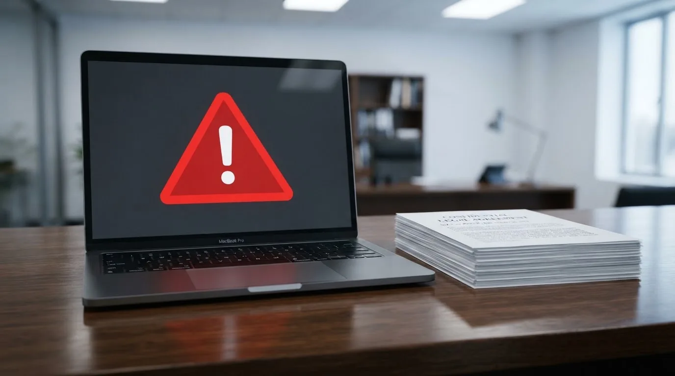 A red triangular warning sign icon on a laptop screen next to a stack of legal papers, symbolising an official caution rather than any specific website.