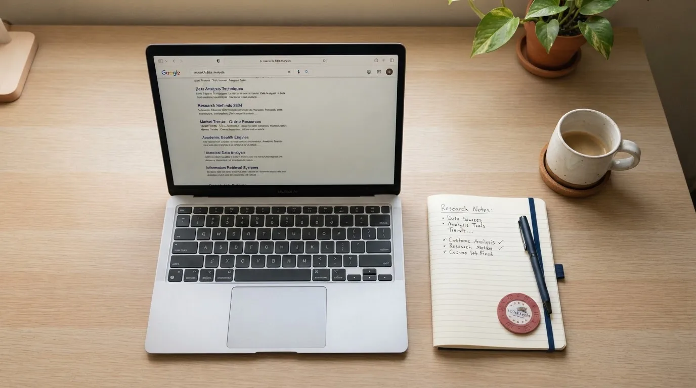 A tidy desk with a laptop open on a plain search-results page, a notebook and a coffee cup beside it, no screens showing any casino branding.