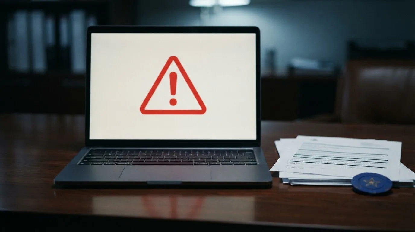 A red triangular warning sign icon on a laptop screen next to a stack of legal papers, symbolising an official caution rather than any specific website.