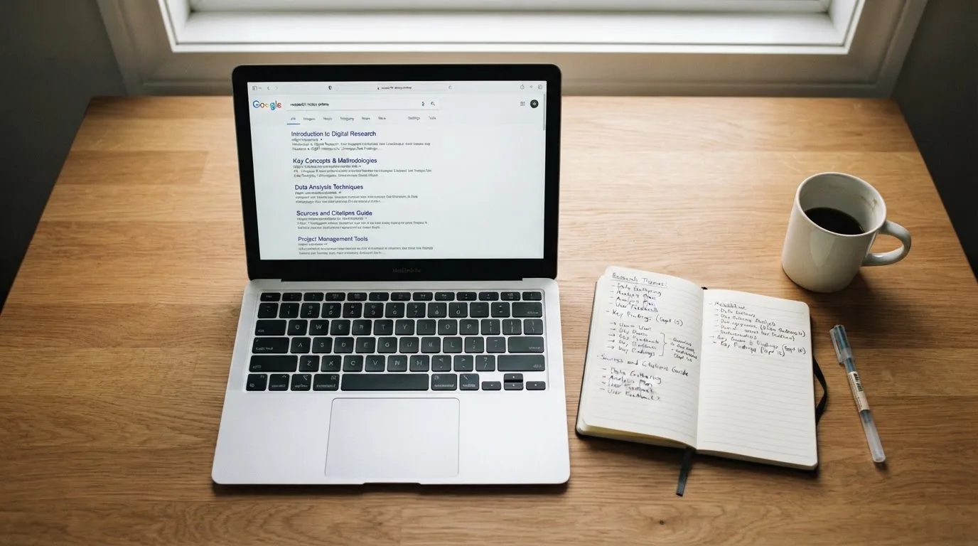 A tidy desk with a laptop open on a plain search-results page, a notebook and a coffee cup beside it, no screens showing any casino branding.