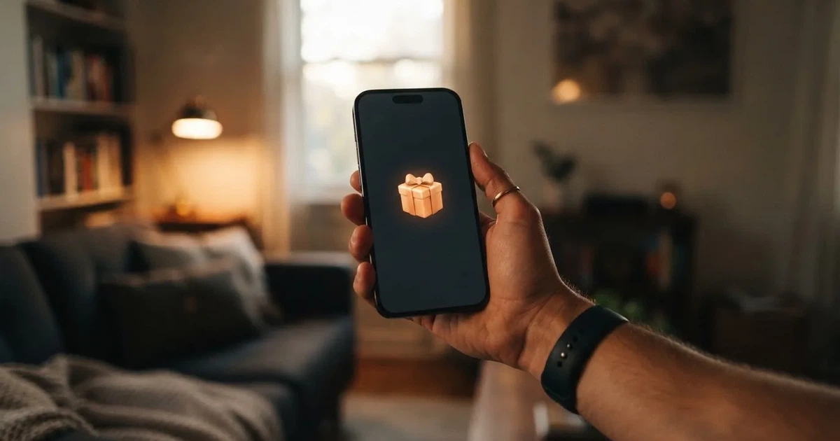 A gift box icon glowing on a phone screen, held at arm's length, suggesting an unopened offer rather than an active game.