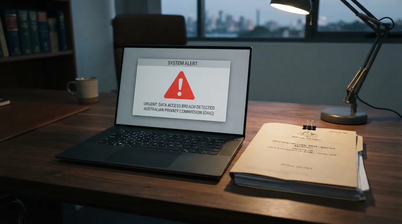 A red triangular warning sign icon on a laptop screen next to a stack of legal papers, symbolising an official caution rather than any specific website.