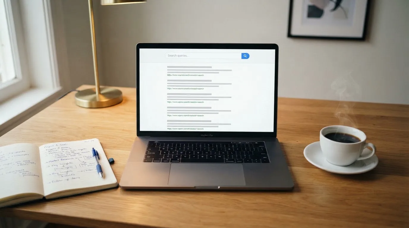 A tidy desk with a laptop open on a plain search-results page, a notebook and a coffee cup beside it, no screens showing any casino branding.