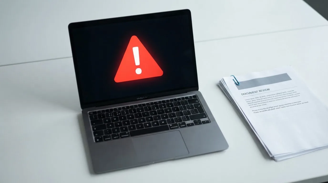 A red triangular warning sign icon on a laptop screen next to a stack of legal papers, symbolising an official caution rather than any specific website.