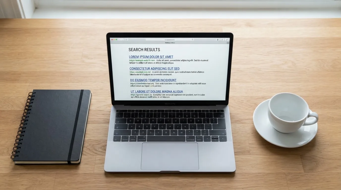 A tidy desk with a laptop open on a plain search-results page, a notebook and a coffee cup beside it, no screens showing any casino branding.