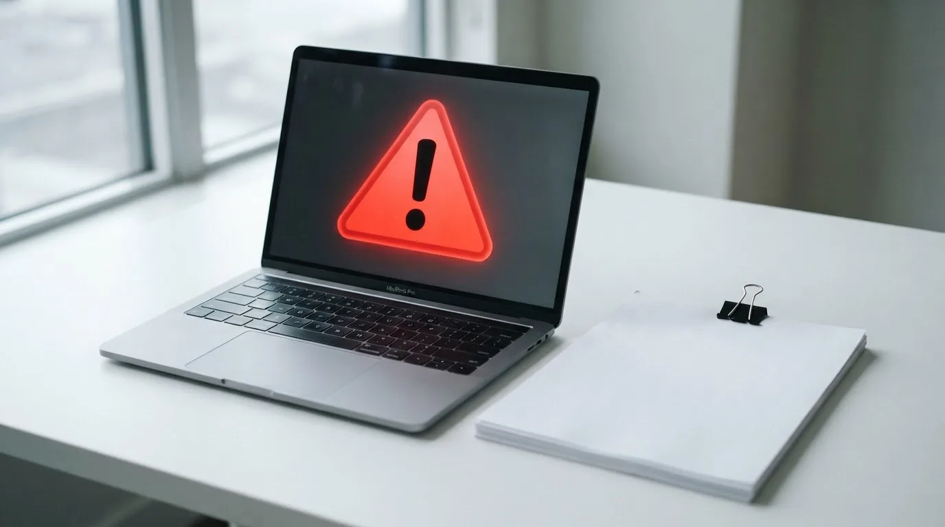 A red triangular warning sign icon on a laptop screen next to a stack of legal papers, symbolising an official caution rather than any specific website.