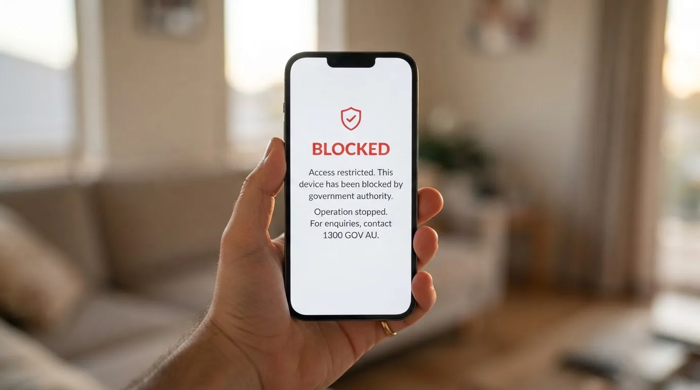 A smartphone screen showing a plain government warning notice about a blocked website, held against a blurred background.