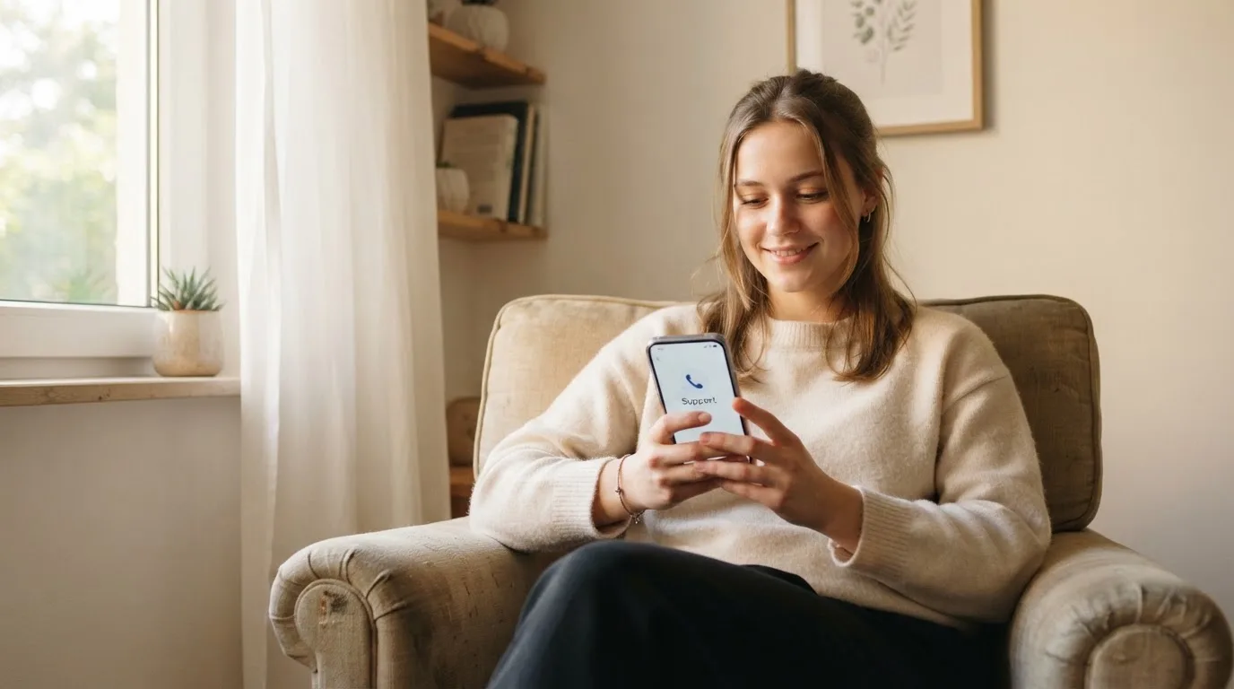 A person sitting calmly with a phone open to a support helpline page, no gaming screen visible.