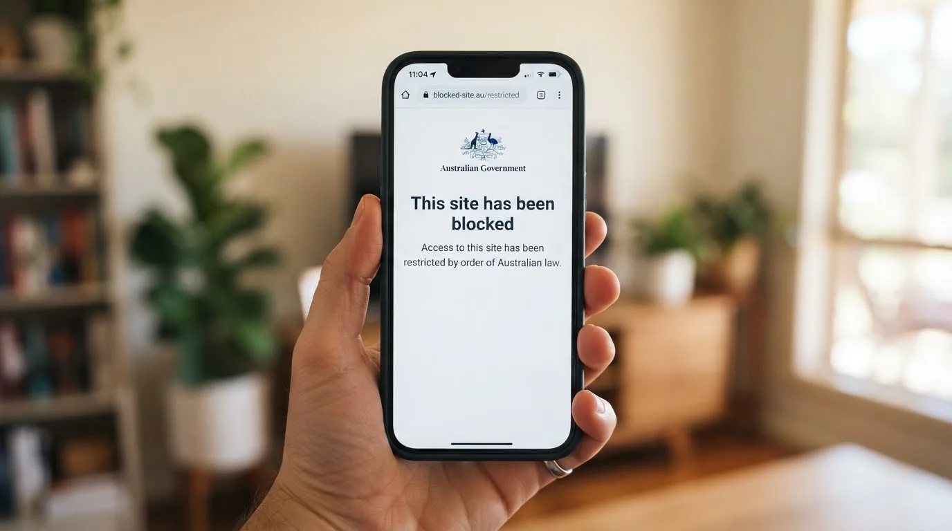 A smartphone screen showing a plain government warning notice about a blocked website, held against a blurred background.