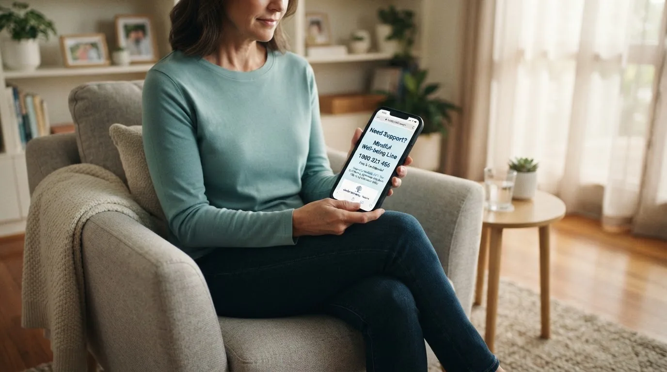 A person sitting calmly with a phone open to a support helpline page, no gaming screen visible.
