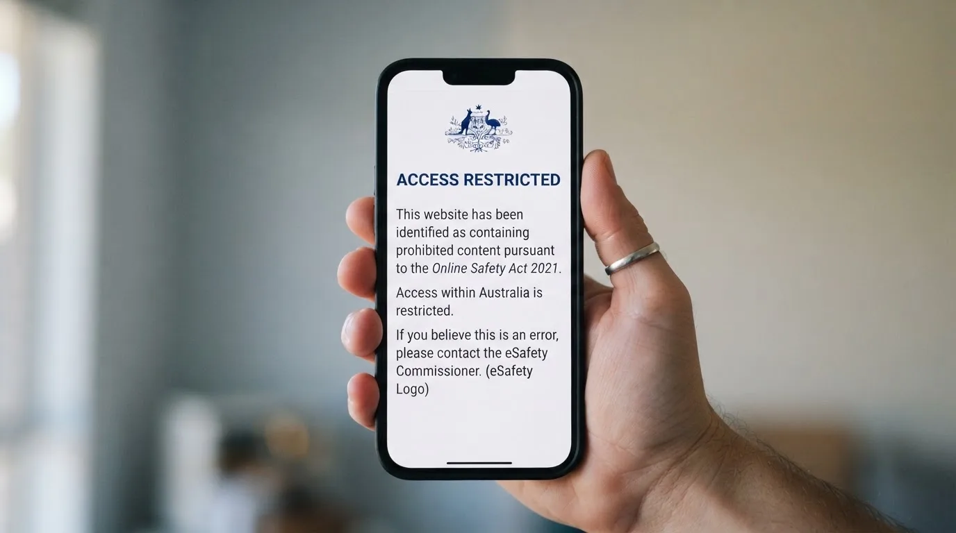 A smartphone screen showing a plain government warning notice about a blocked website, held against a blurred background.
