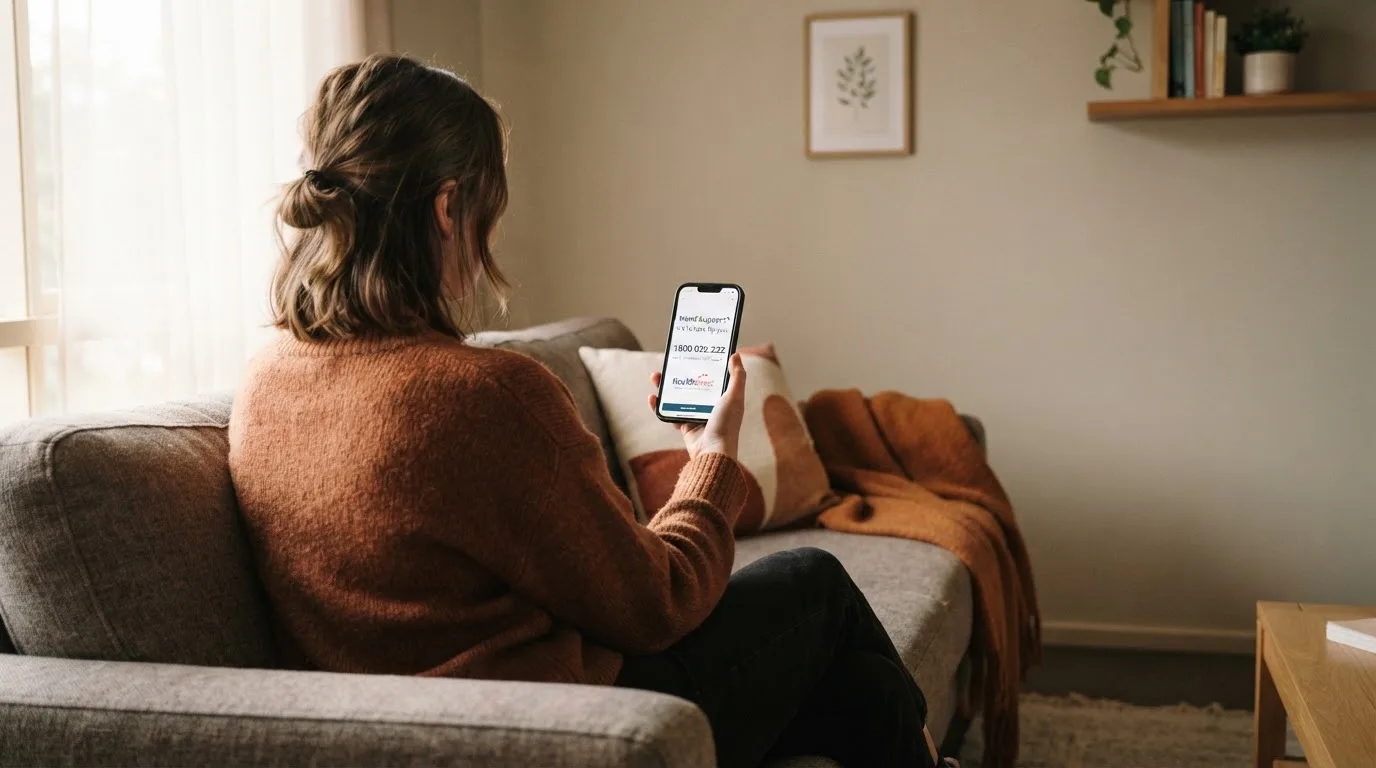 A person sitting calmly with a phone open to a support helpline page, no gaming screen visible.