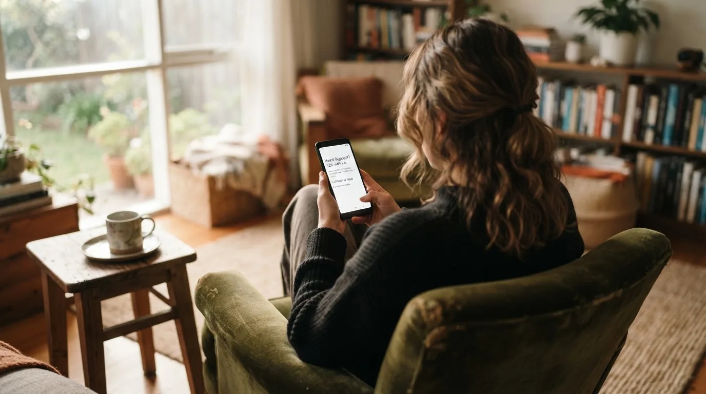 A person sitting calmly with a phone open to a support helpline page, no gaming screen visible.