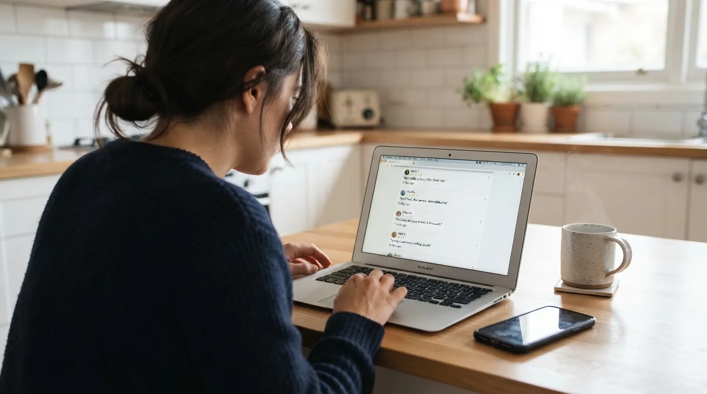 A person at a kitchen table scrolling through review pages on a laptop, phone face-down beside them.