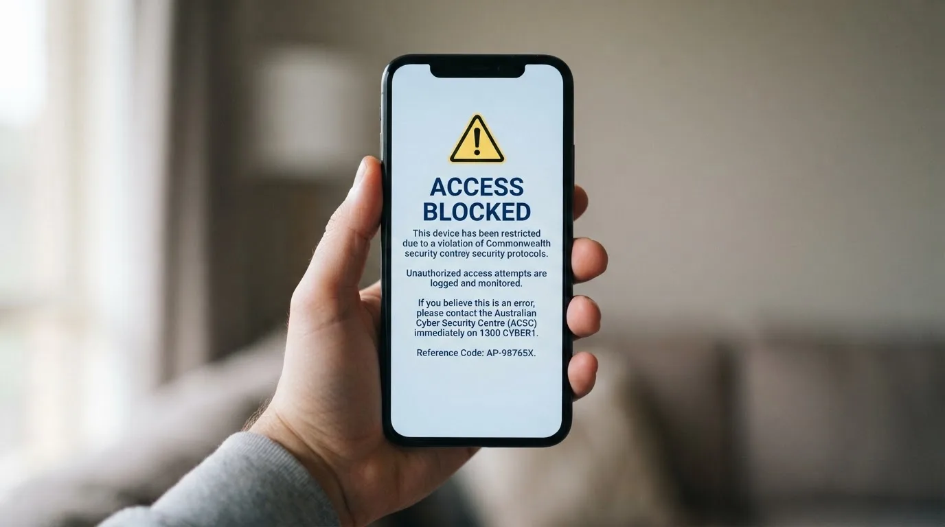 A smartphone screen showing a plain government warning notice about a blocked website, held against a blurred background.