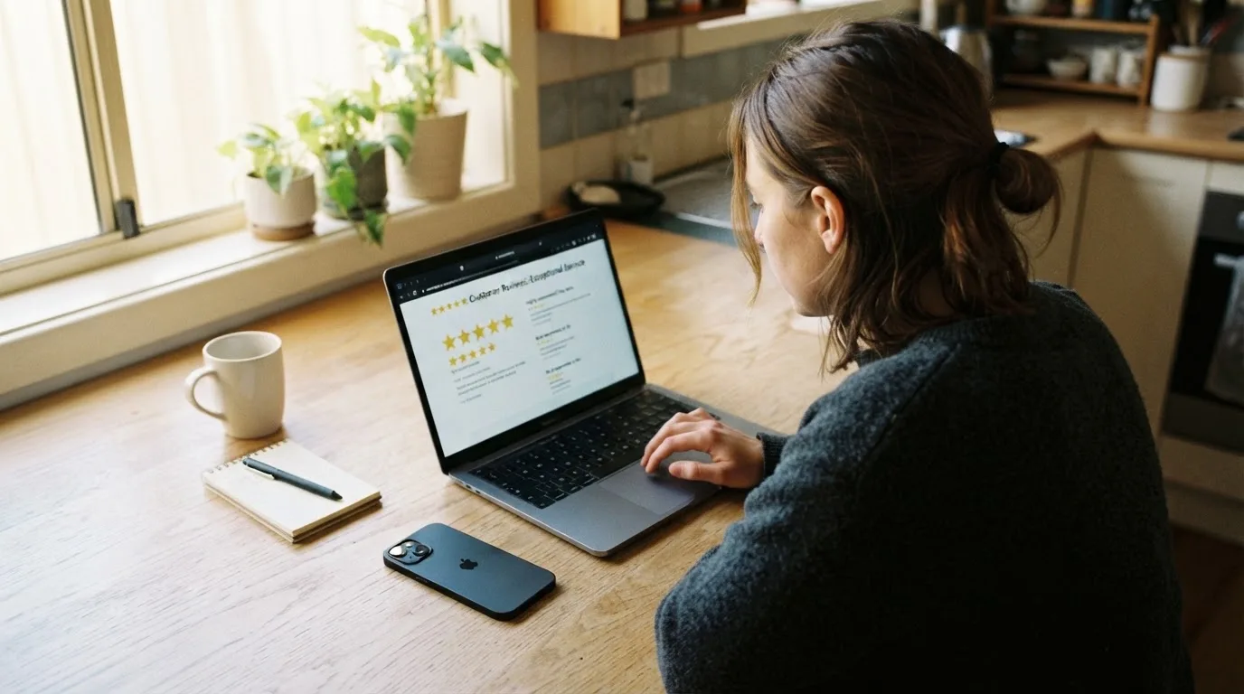 A person at a kitchen table scrolling through review pages on a laptop, phone face-down beside them.