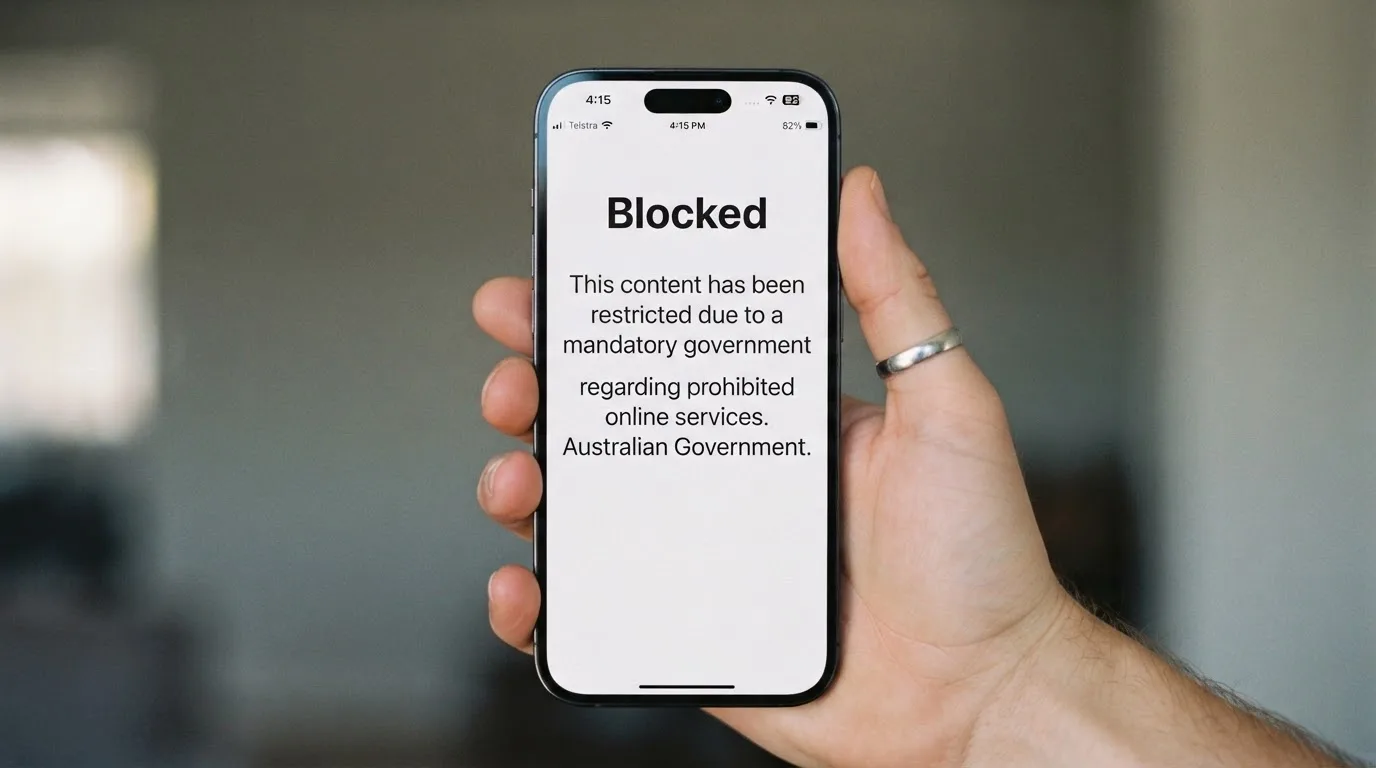 A smartphone screen showing a plain government warning notice about a blocked website, held against a blurred background.