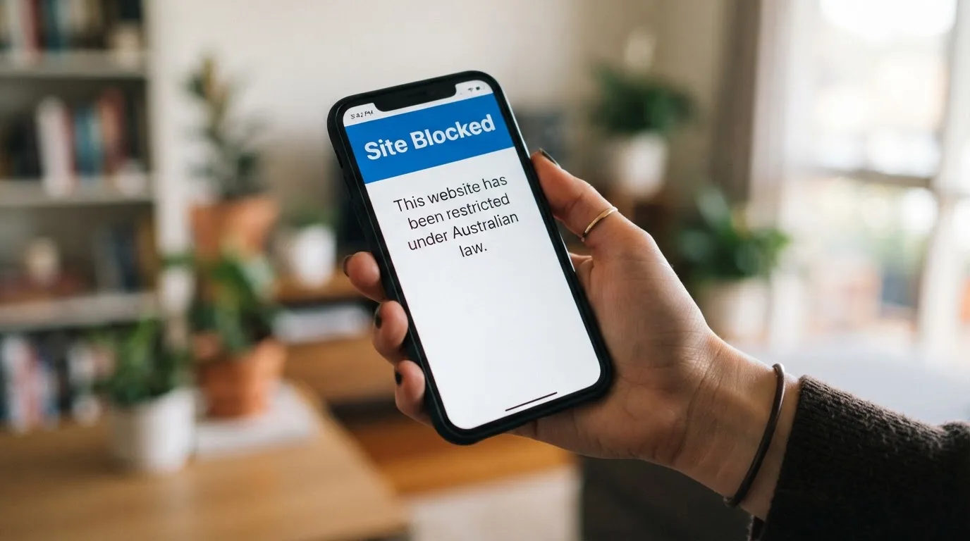 A smartphone screen showing a plain government warning notice about a blocked website, held against a blurred background.