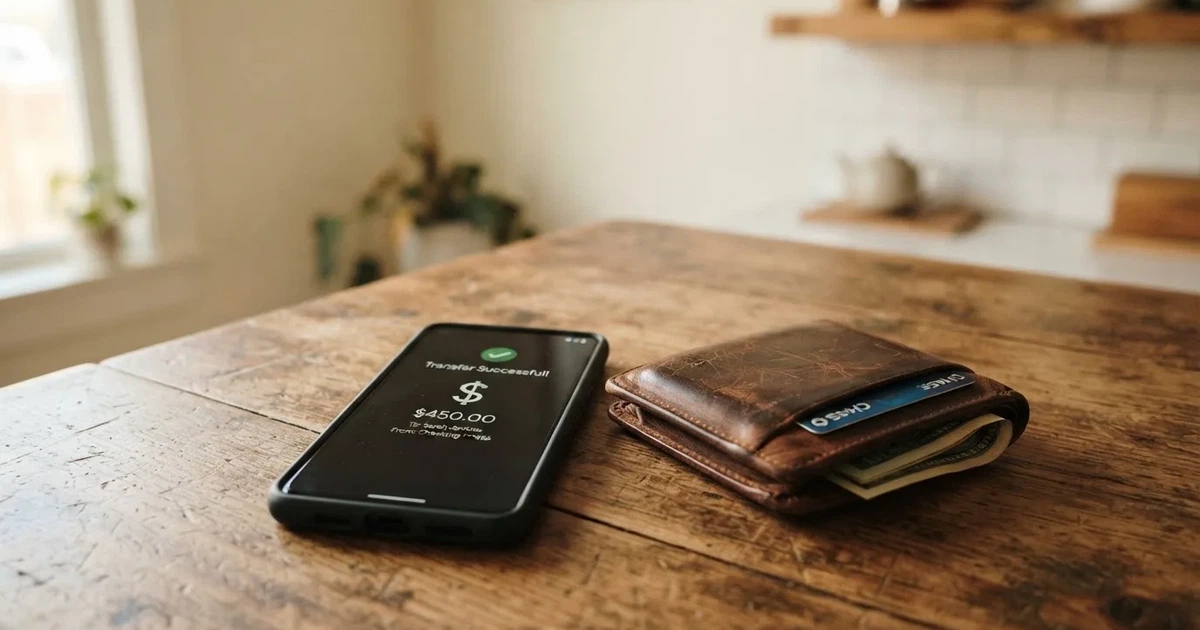 A phone screen showing a bank transfer confirmation, held next to a wallet on a table.