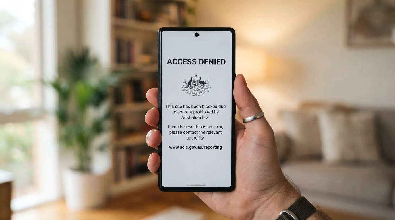 A smartphone screen showing a plain government warning notice about a blocked website, held against a blurred background.