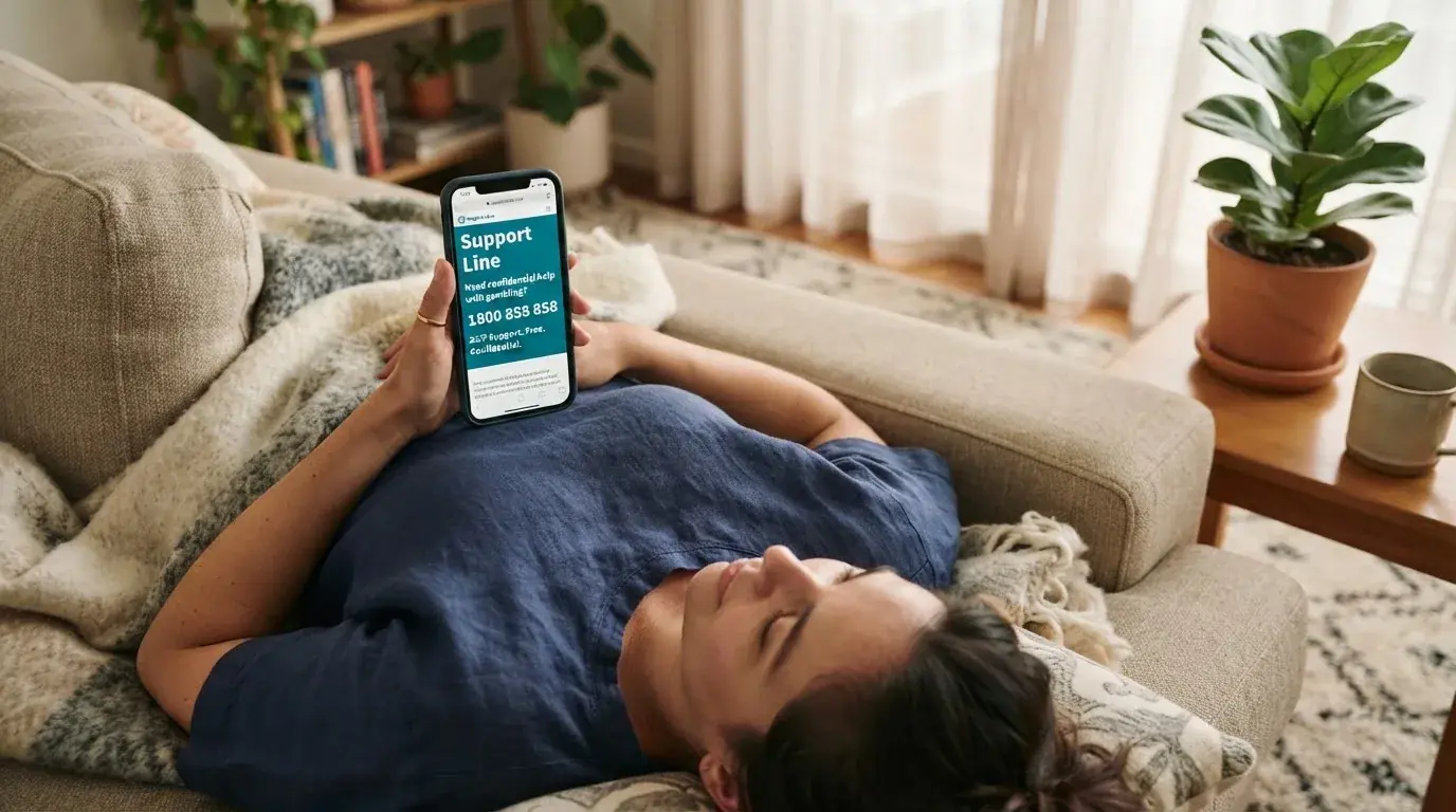 A person sitting calmly with a phone open to a support helpline page, no gaming screen visible.