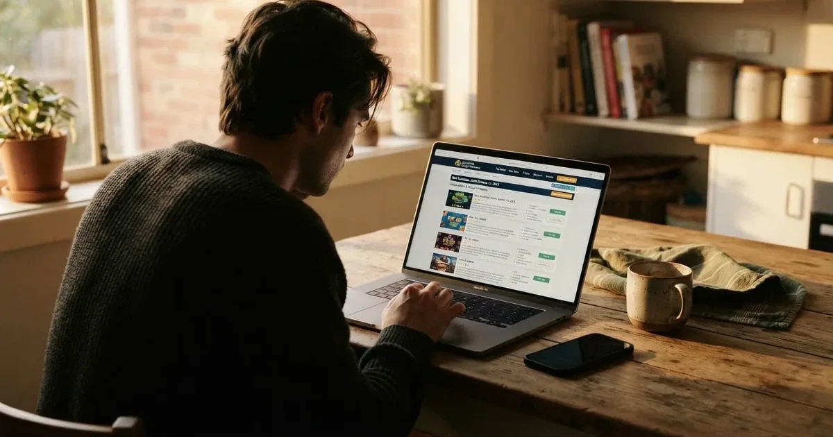 A person at a kitchen table scrolling through review pages on a laptop, phone face-down beside them.