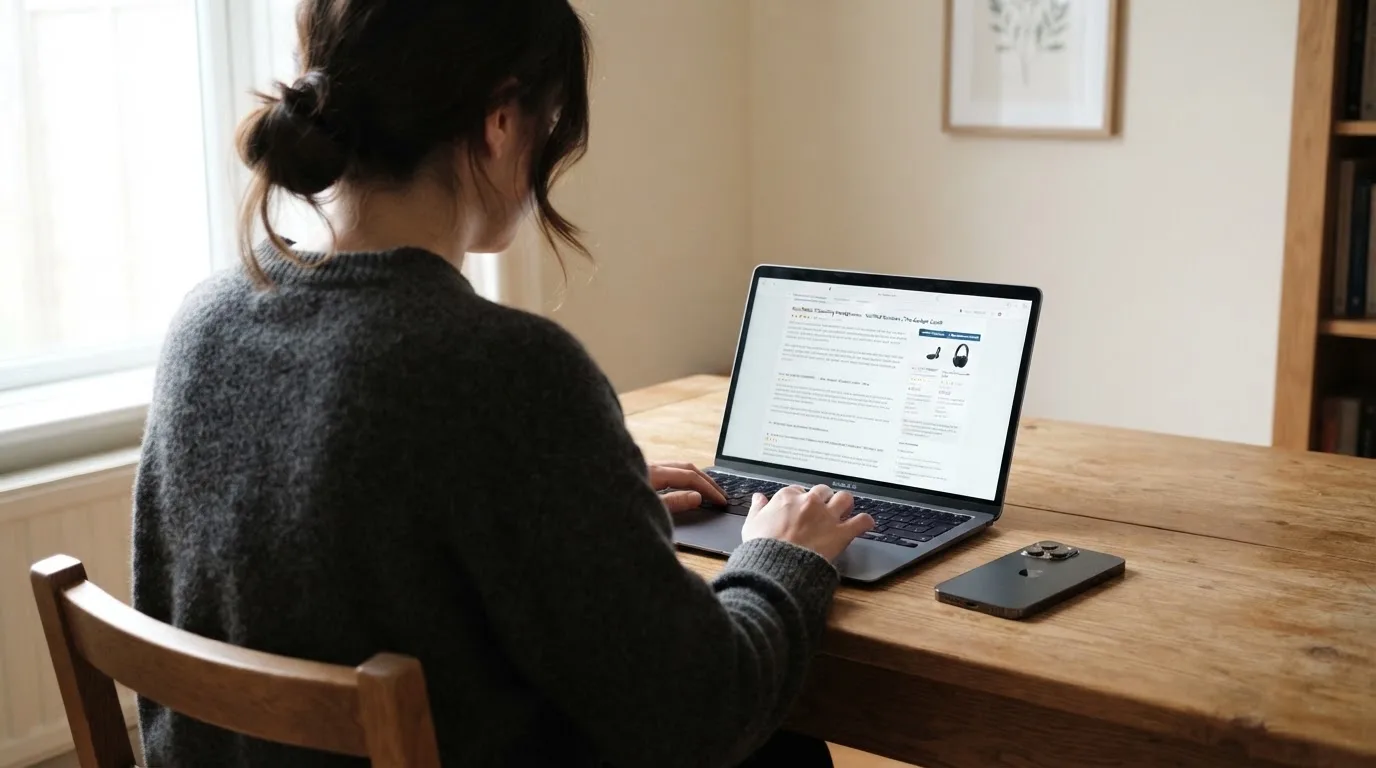 A person at a kitchen table scrolling through review pages on a laptop, phone face-down beside them.